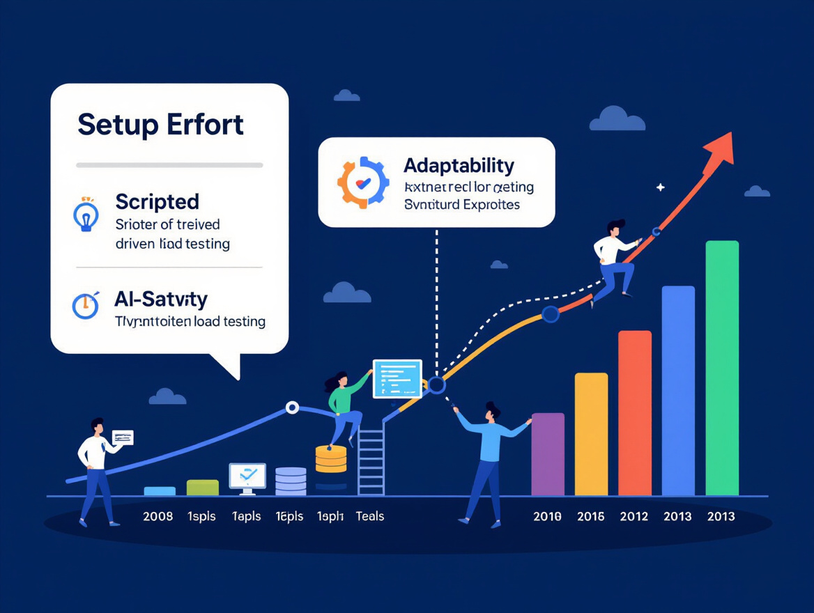 Bar graph comparing setup effort and adaptability between scripted and AI-driven load testing approaches