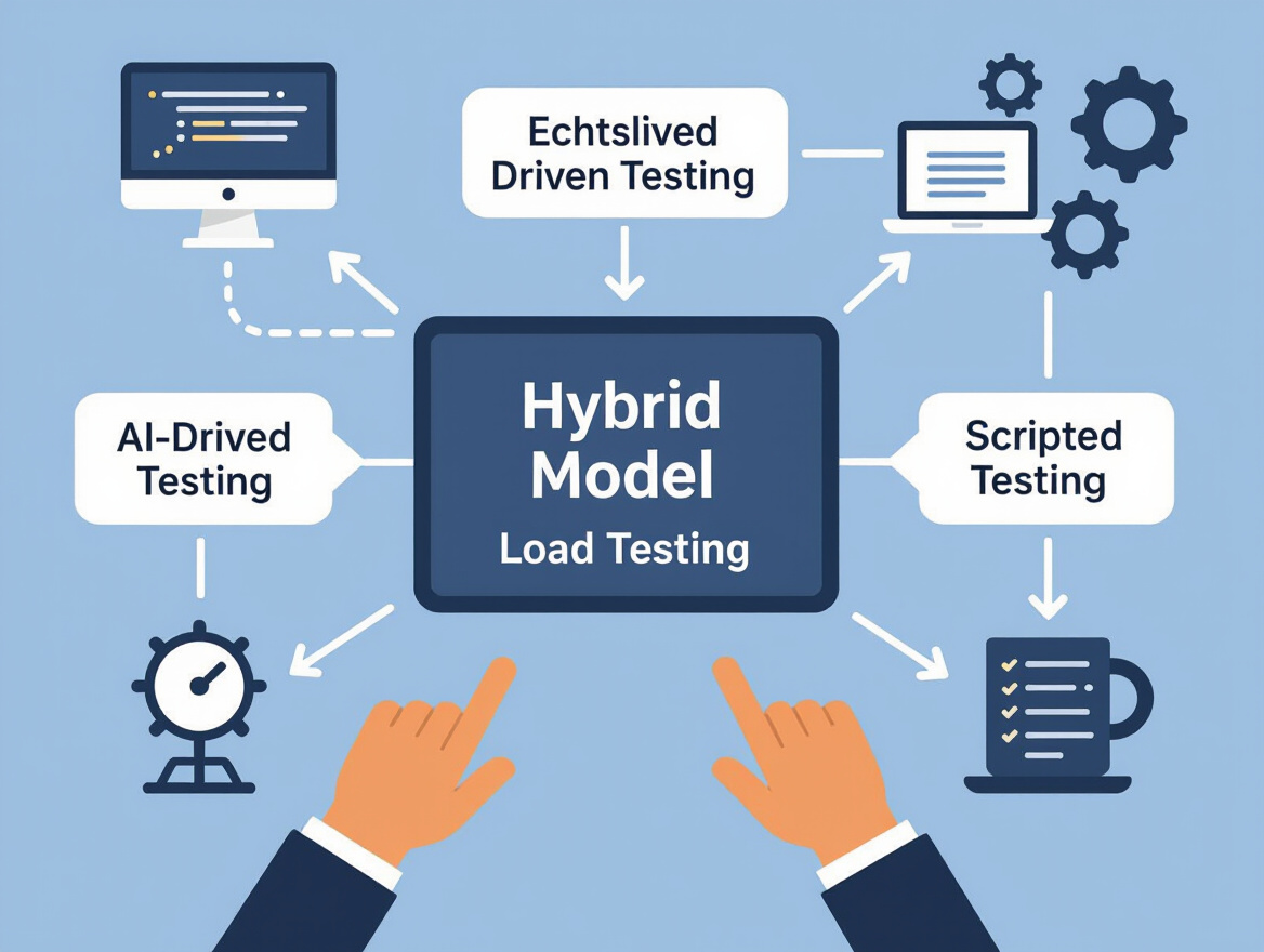 Diagram illustrating the hybrid model of load testing with arrows pointing to AI-driven and scripted testing components