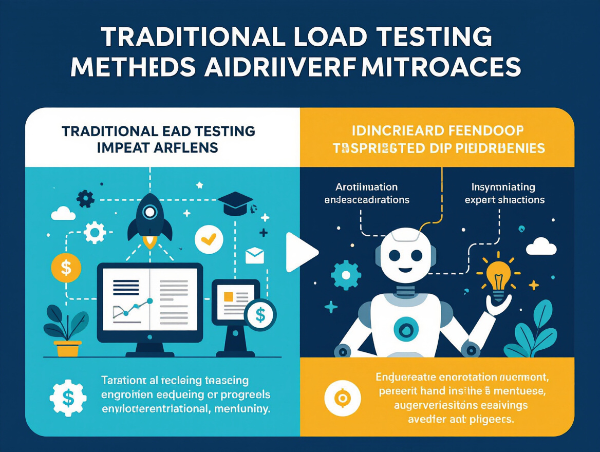 Infographic comparing traditional load testing methods with AI-driven approaches, emphasizing benefits and drawbacks