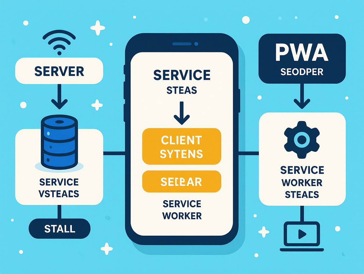Flowchart showing the interaction between server, client, and service worker metrics in a PWA