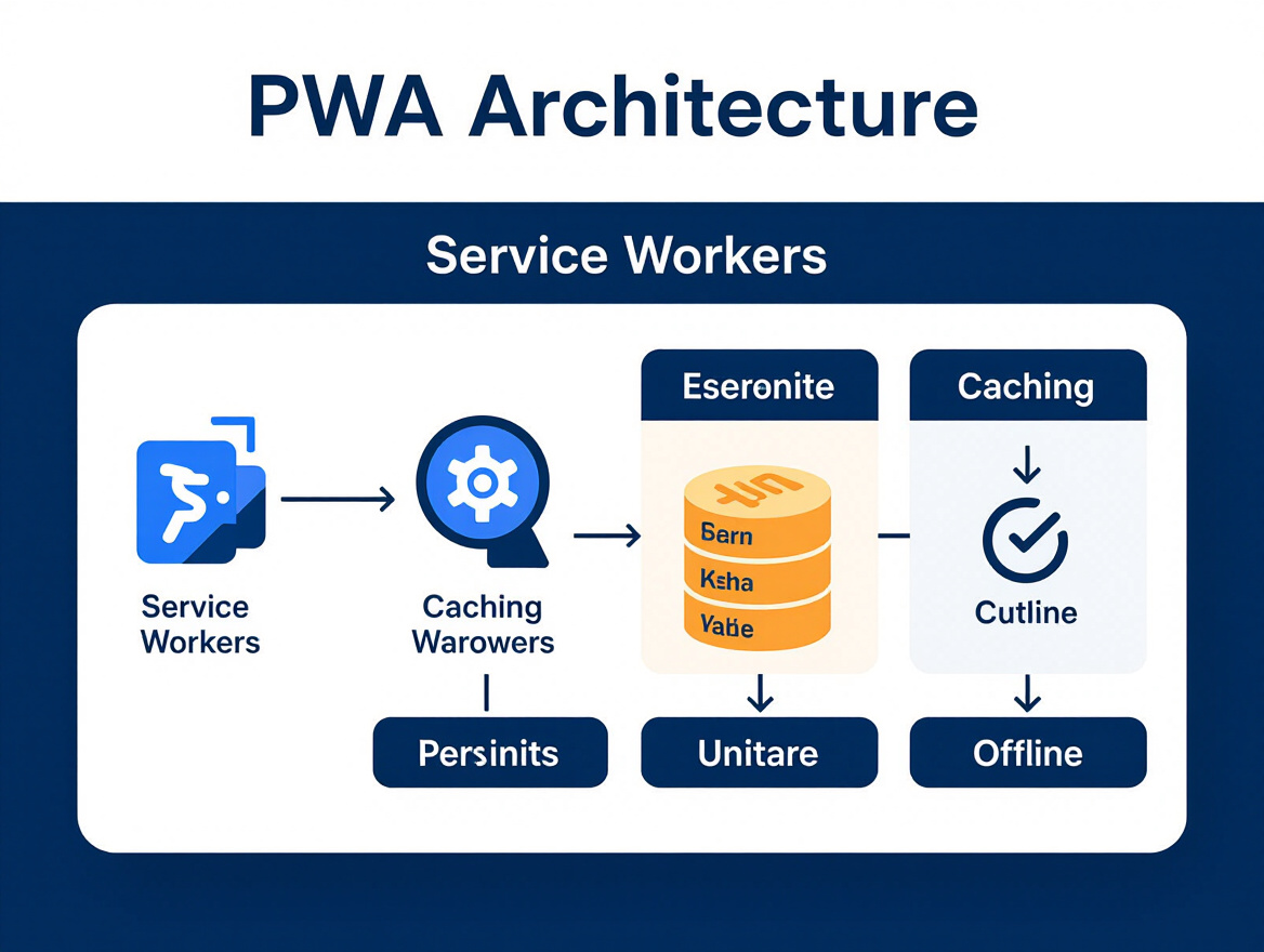 Diagram showing a PWA architecture with service workers, caching layers, and offline capabilities
