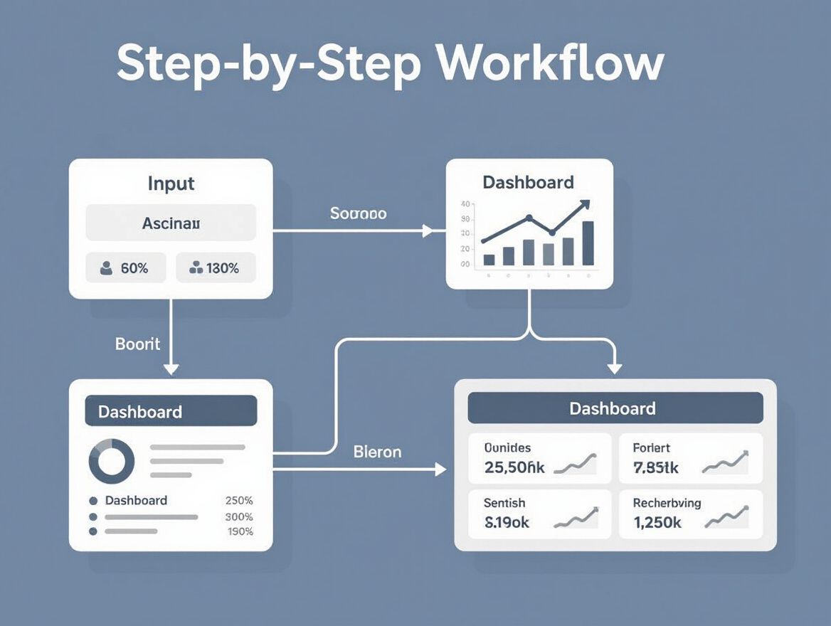 Step-by-step workflow diagram showing data flowing from input to dashboard