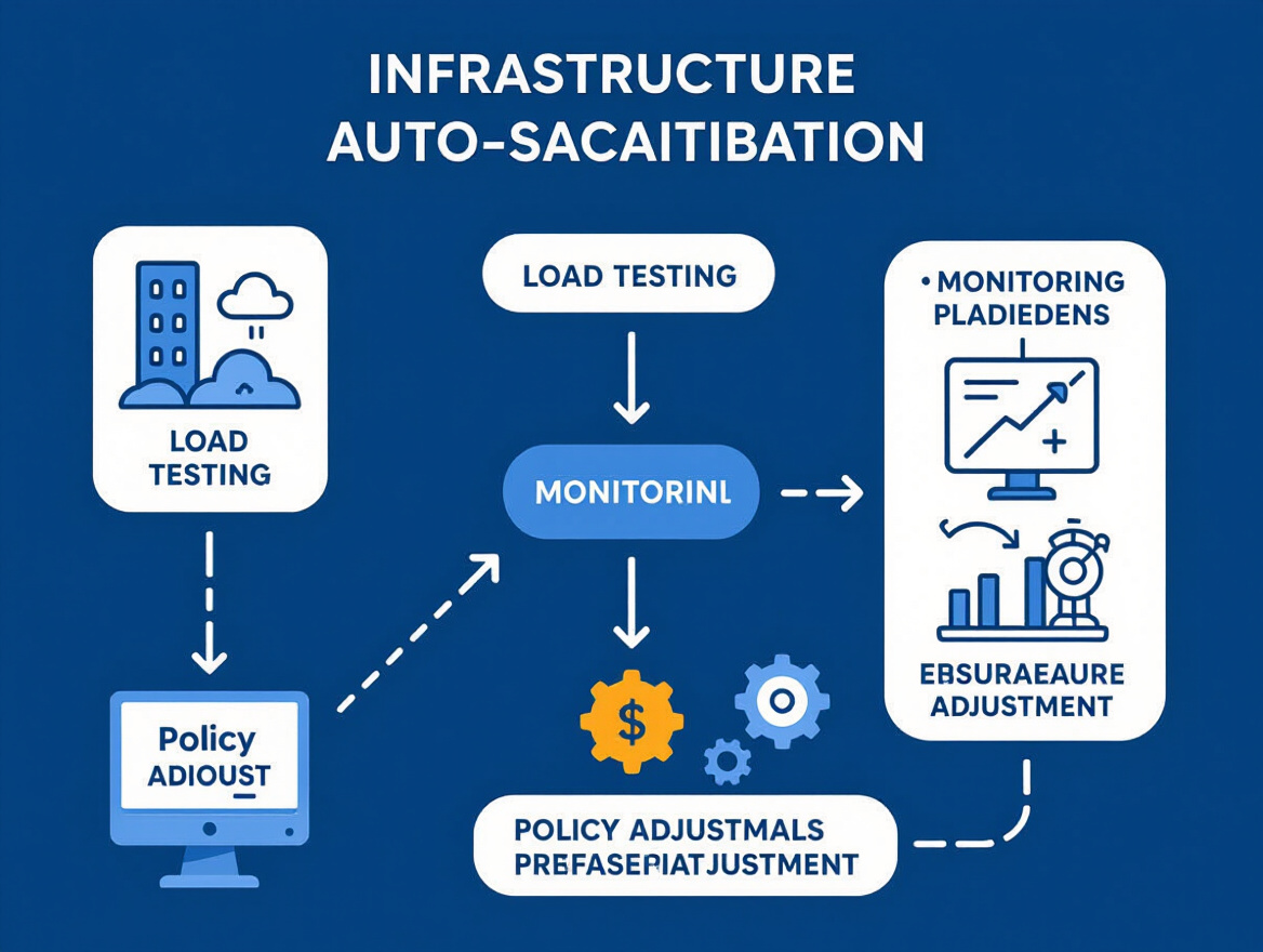 Diagram illustrating the process of infrastructure auto-scaling validation, showing load testing, monitoring, and policy adjustment steps