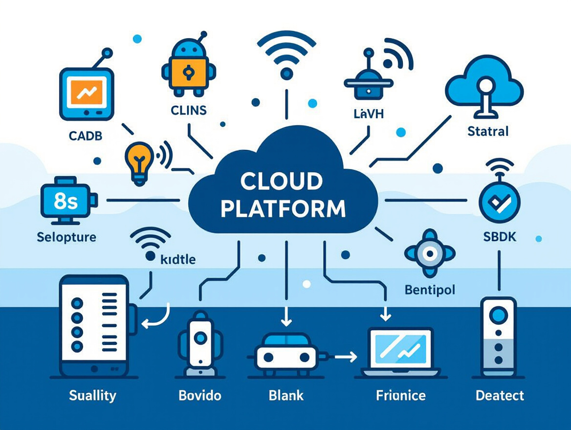 Diagram showing diverse IoT devices connected to a central cloud platform, illustrating device diversity and communication patterns