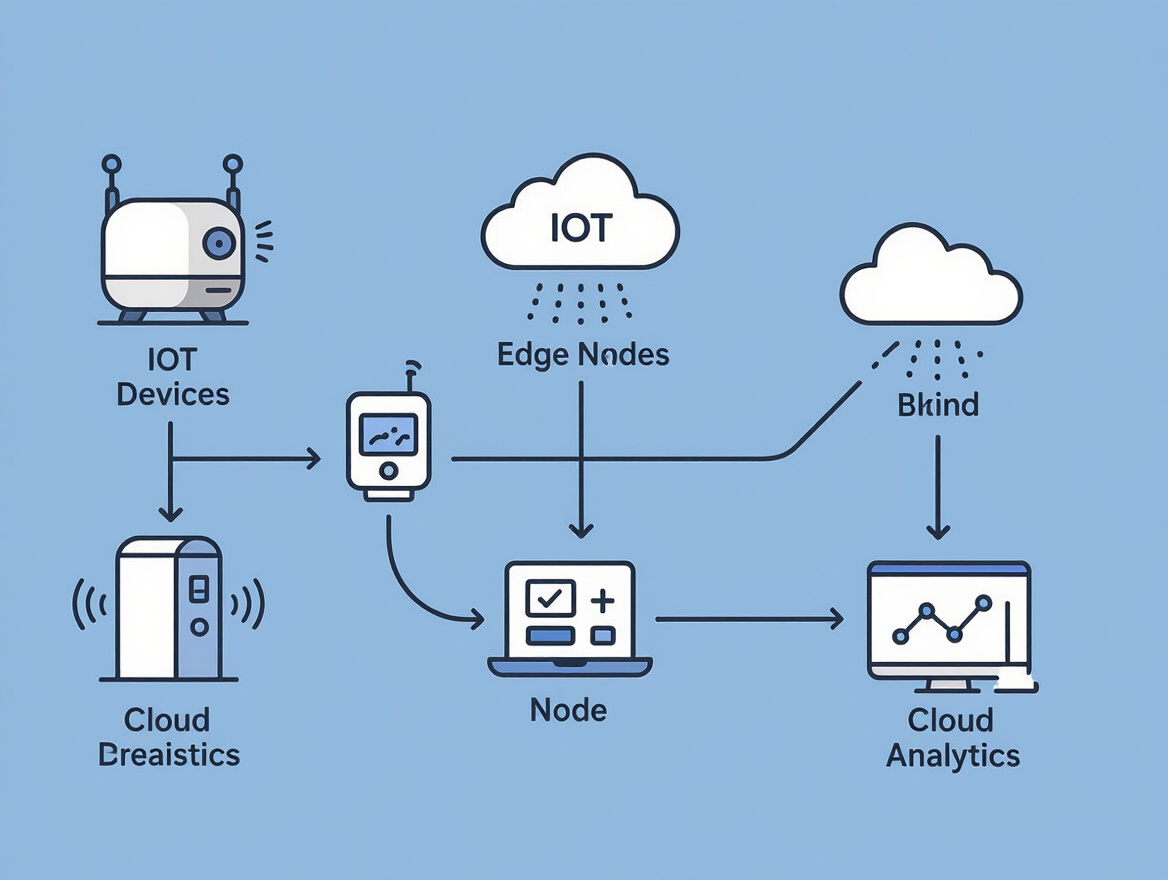Workflow diagram showing data flowing from IoT devices through edge nodes to cloud analytics, illustrating traffic simulation