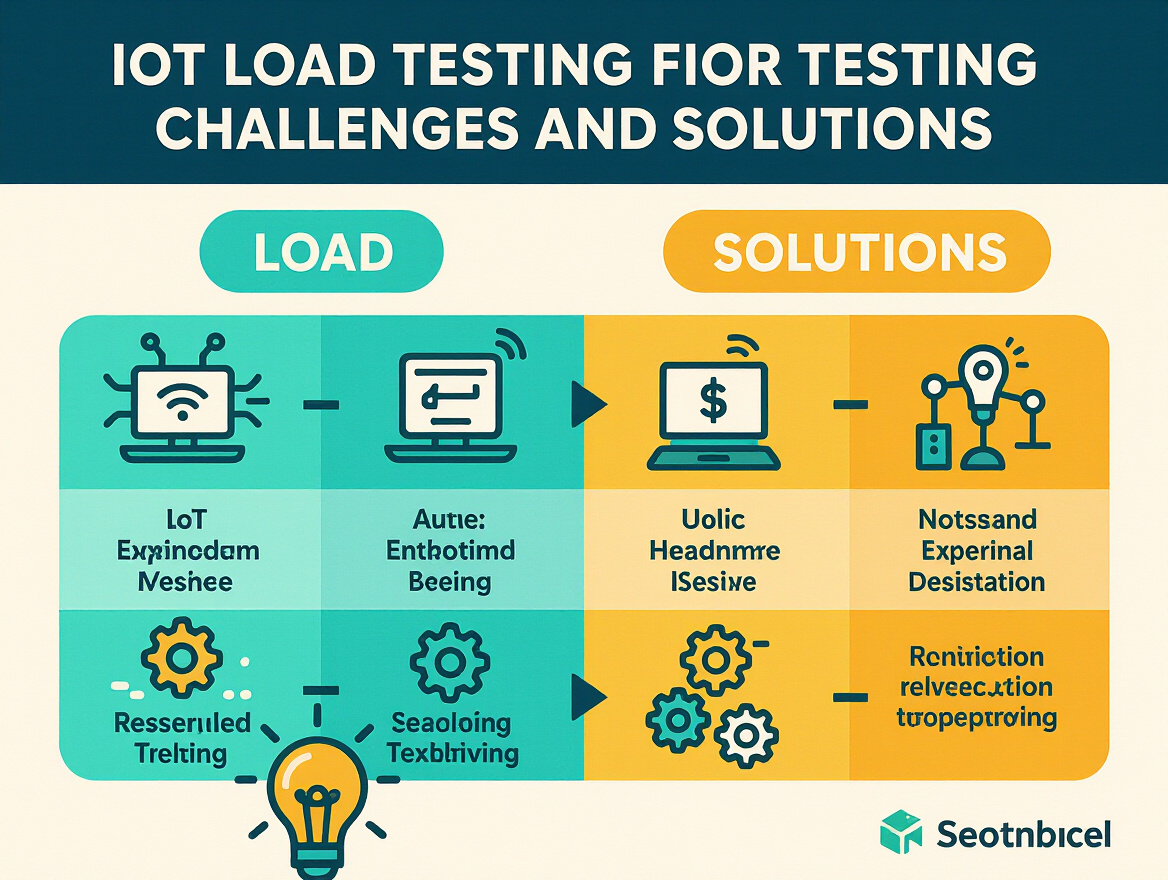 Comparison table showing IoT load testing challenges and solutions with icons representing each challenge