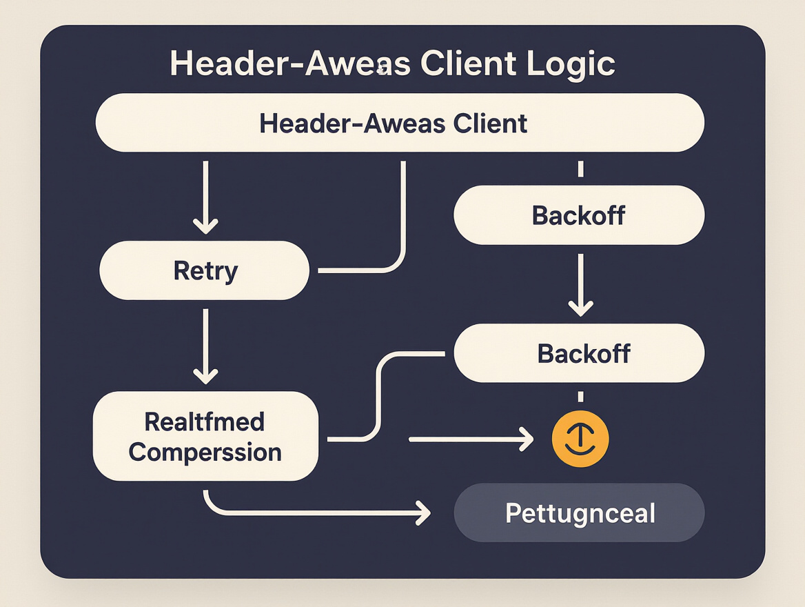 Flowchart showing header-aware client logic with retry and backoff steps
