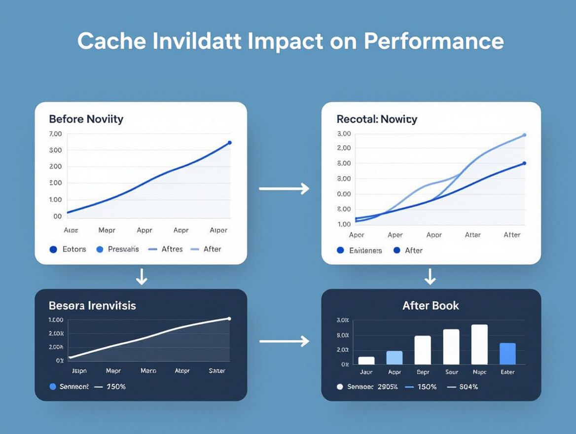 Illustration of cache invalidation impact on performance metrics with graphs showing before and after effects