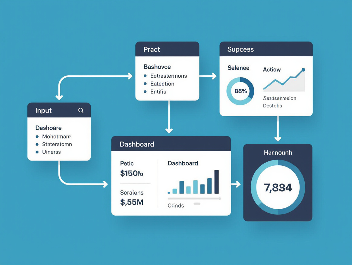 Step-by-step workflow diagram showing data flowing from input to dashboard