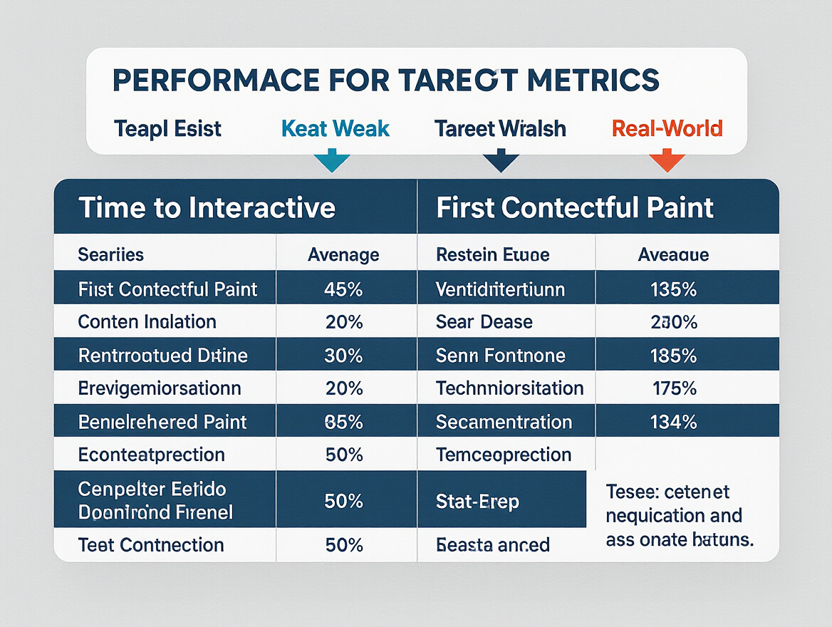 Comparison chart of performance metrics like Time to Interactive and First Contentful Paint with target thresholds and real-world examples