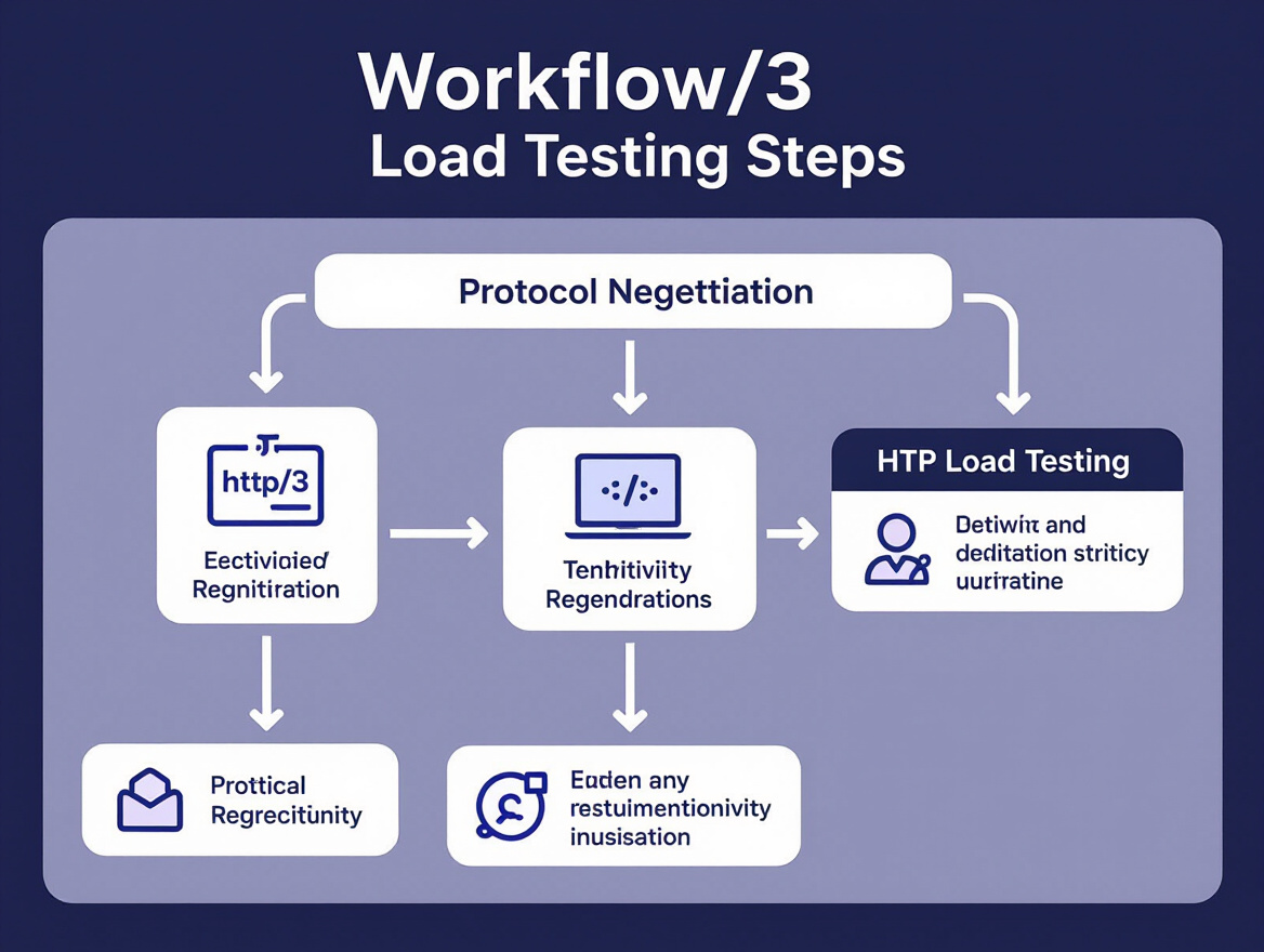Workflow chart showing HTTP/3 load testing steps including protocol negotiation verification