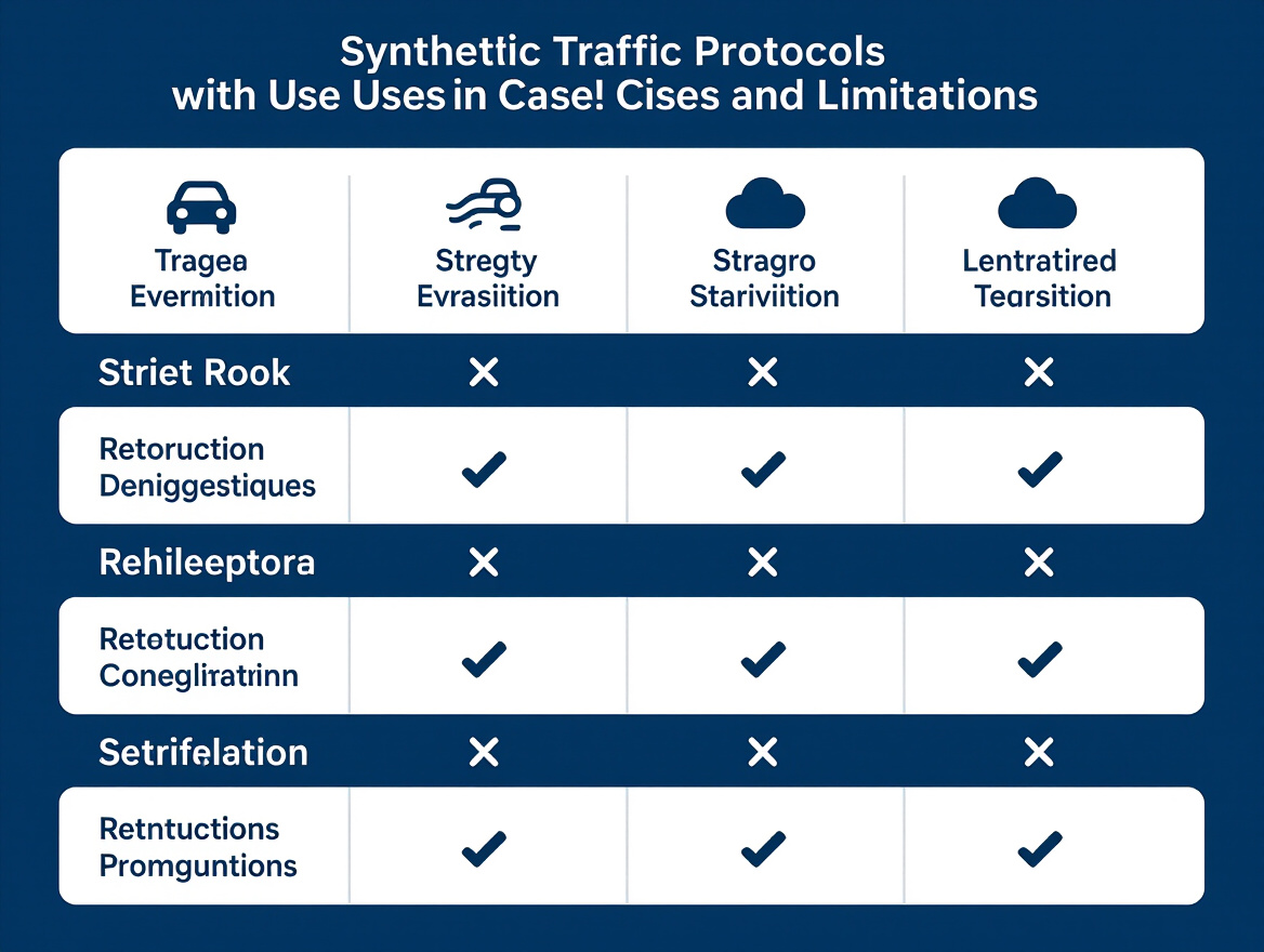 Comparison chart of synthetic traffic protocols with use cases and limitations