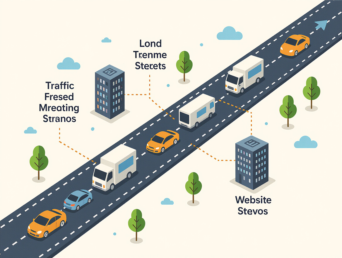 Diagram showing synthetic traffic flow from test agents to website servers, highlighting key metrics captured
