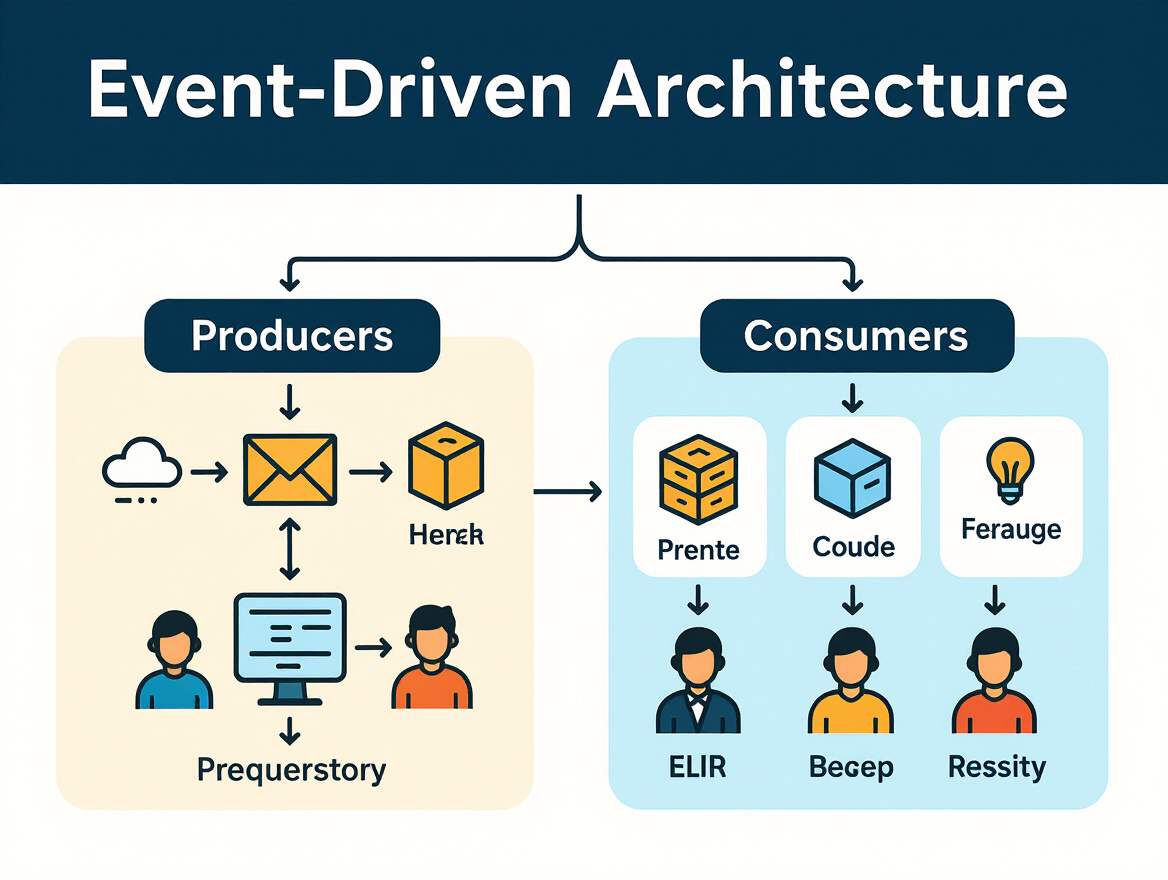 Diagram showing event-driven architecture with producers, brokers, and consumers