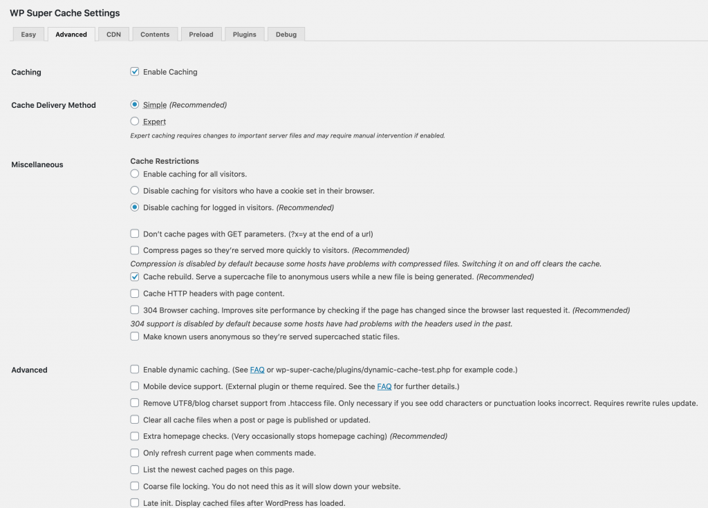 WP super cache settings