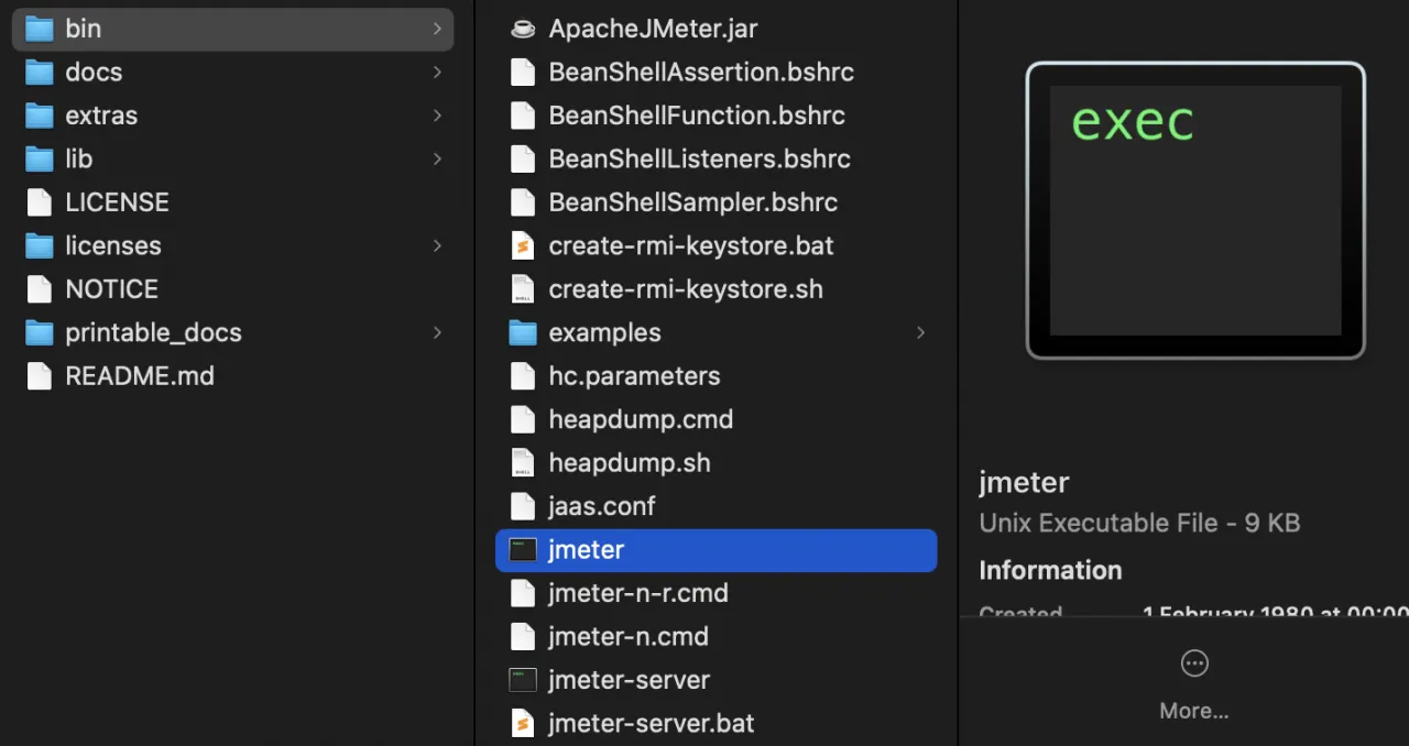 The bin folder of a JMeter download in macOS Finder, with the jmeter start script selected; setenv.sh goes in this folder