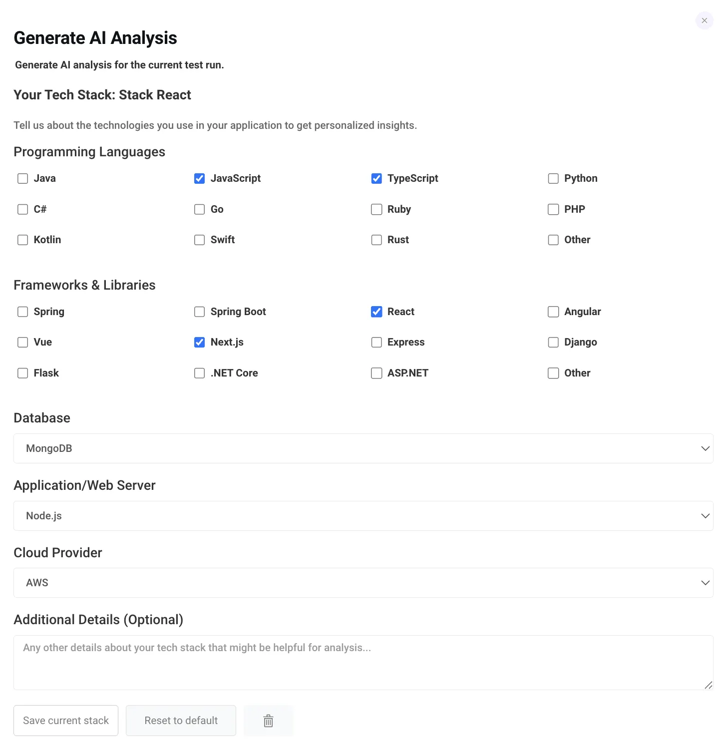 The Generate AI Analysis form with JavaScript, TypeScript, React, Next.js, MongoDB, Node.js and AWS selected