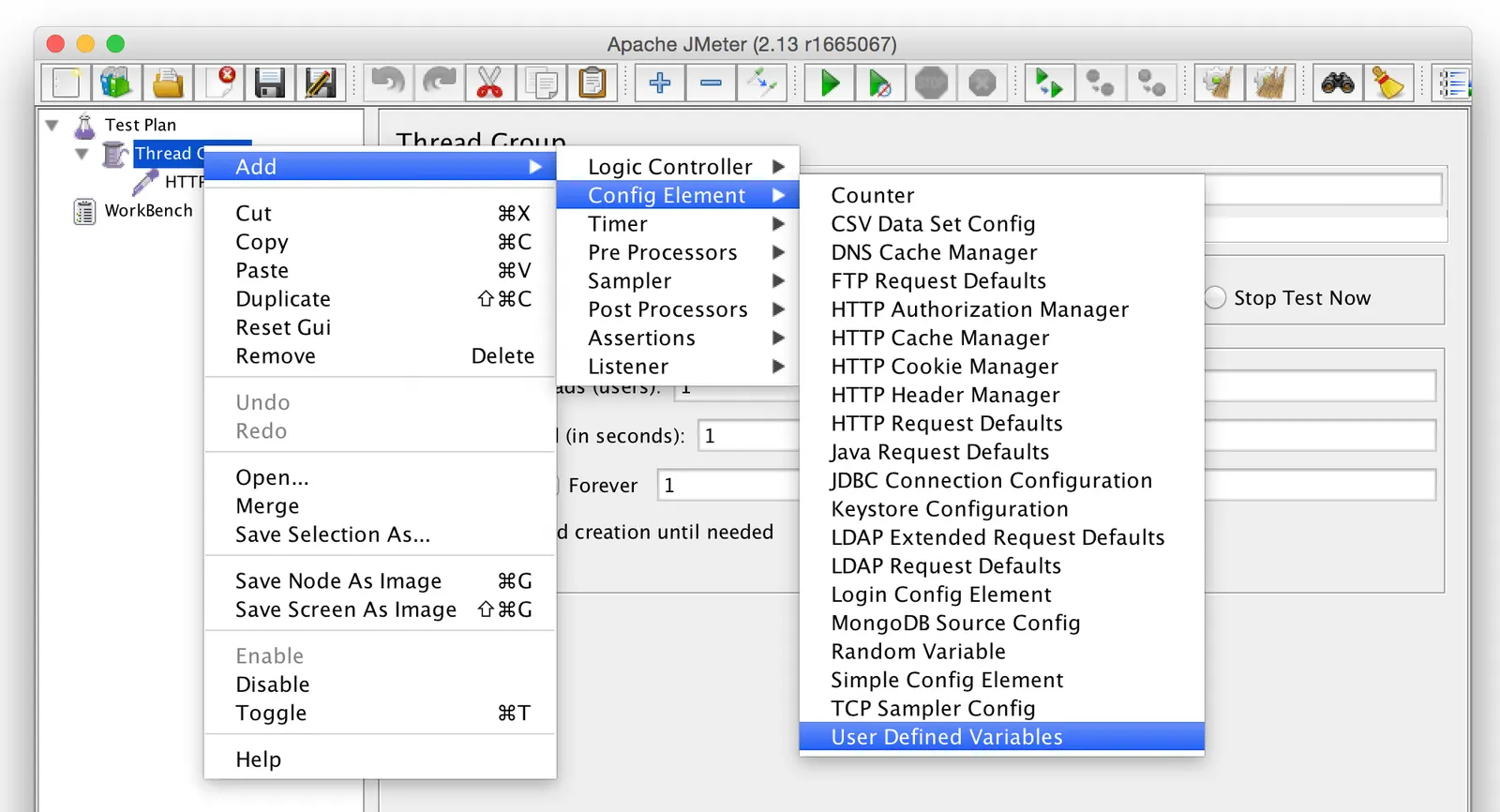JMeter context menu with Add, Config Element, User Defined Variables selected on a Thread Group