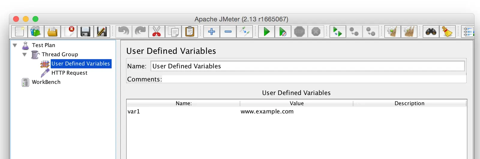 User Defined Variables table with the variable var1 set to www.example.com