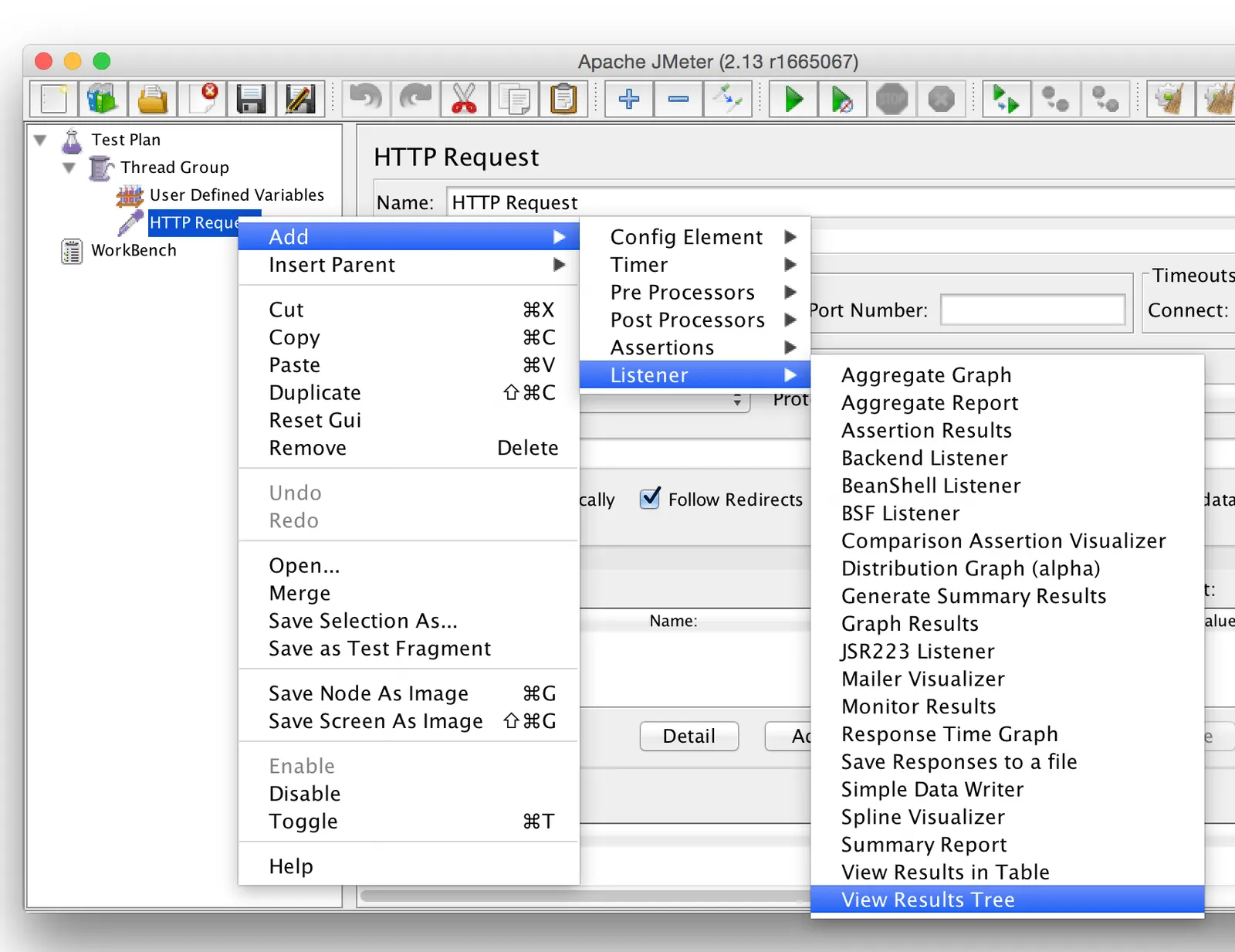View Results Tree listener under the HTTP Request, its Request tab showing GET http://www.example.com/