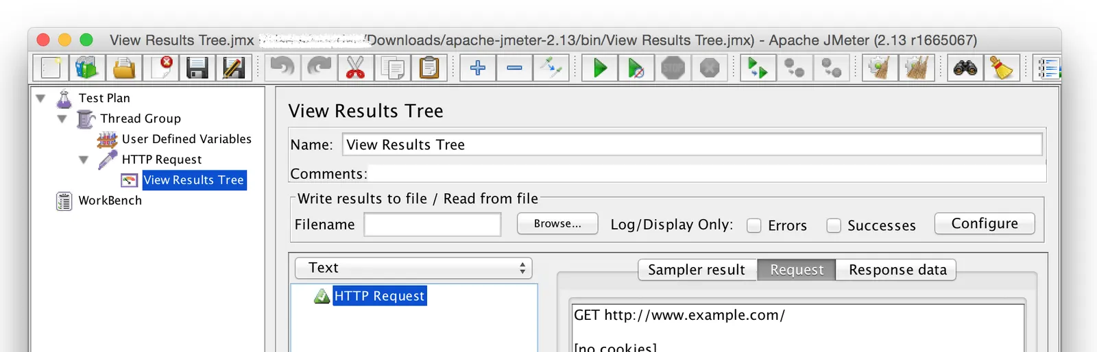 View Results Tree Request tab with GET http://www.example.com/ and the header Host: www.example.com
