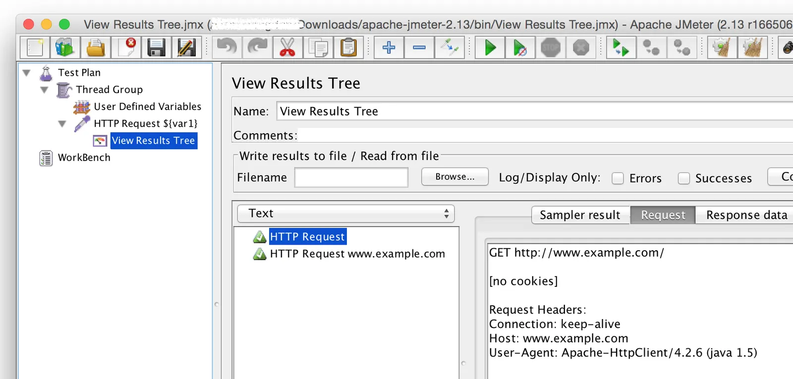 View Results Tree listing a second sample named HTTP Request www.example.com