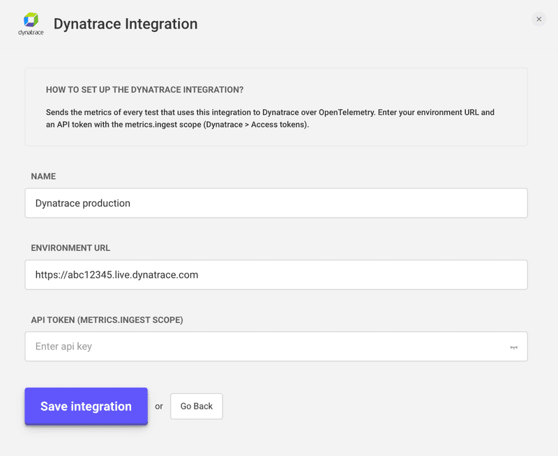 Dynatrace Integration form in LoadFocus with the name, environment URL and API token fields
