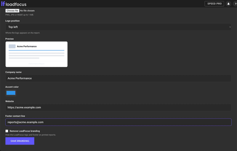 Report branding settings with logo, accent color and white-label toggle