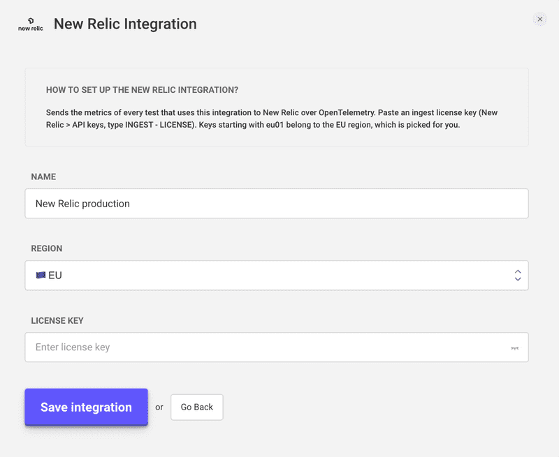 New Relic Integration form in LoadFocus with the name, region and license key fields