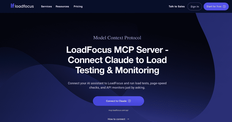 Connect to Claude from the LoadFocus MCP page at loadfocus.com/mcp