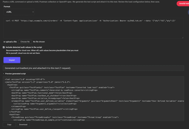 Import panel on the New JMeter Test page