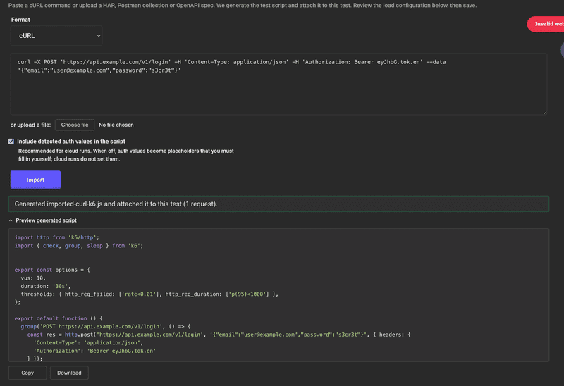 Import panel on the New k6 Test page